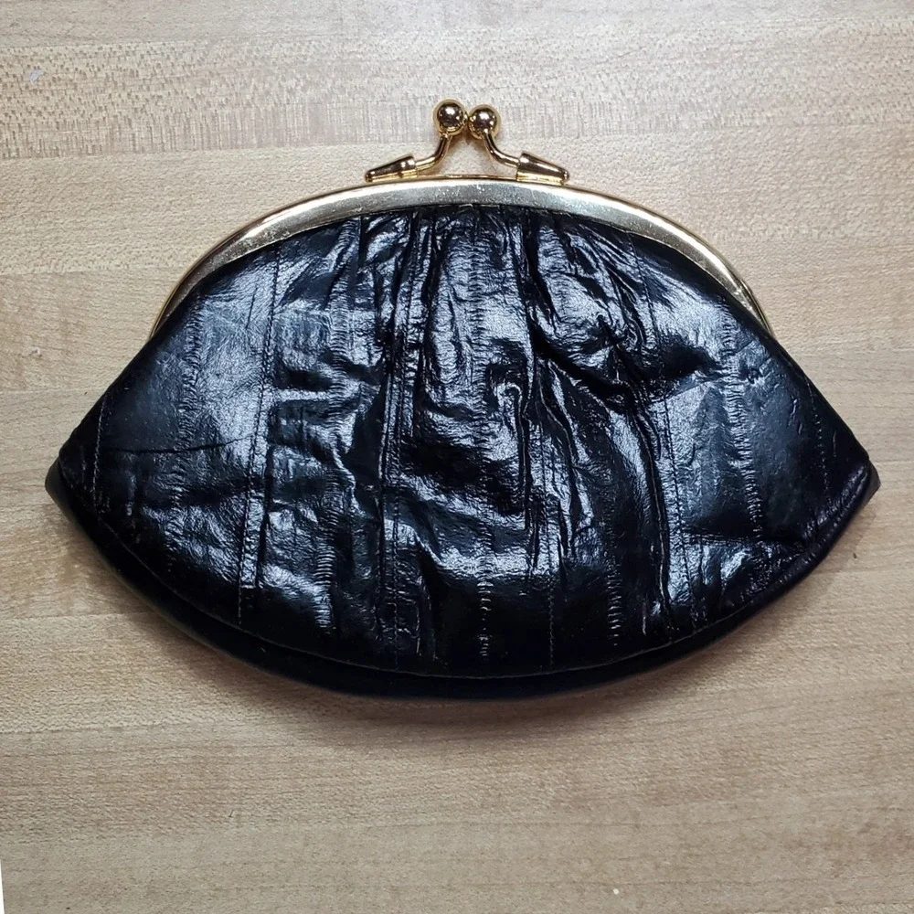 Lee Sands Vintage Black Eel Skin Kiss Lock Coin Purse Small Clutch Wallet